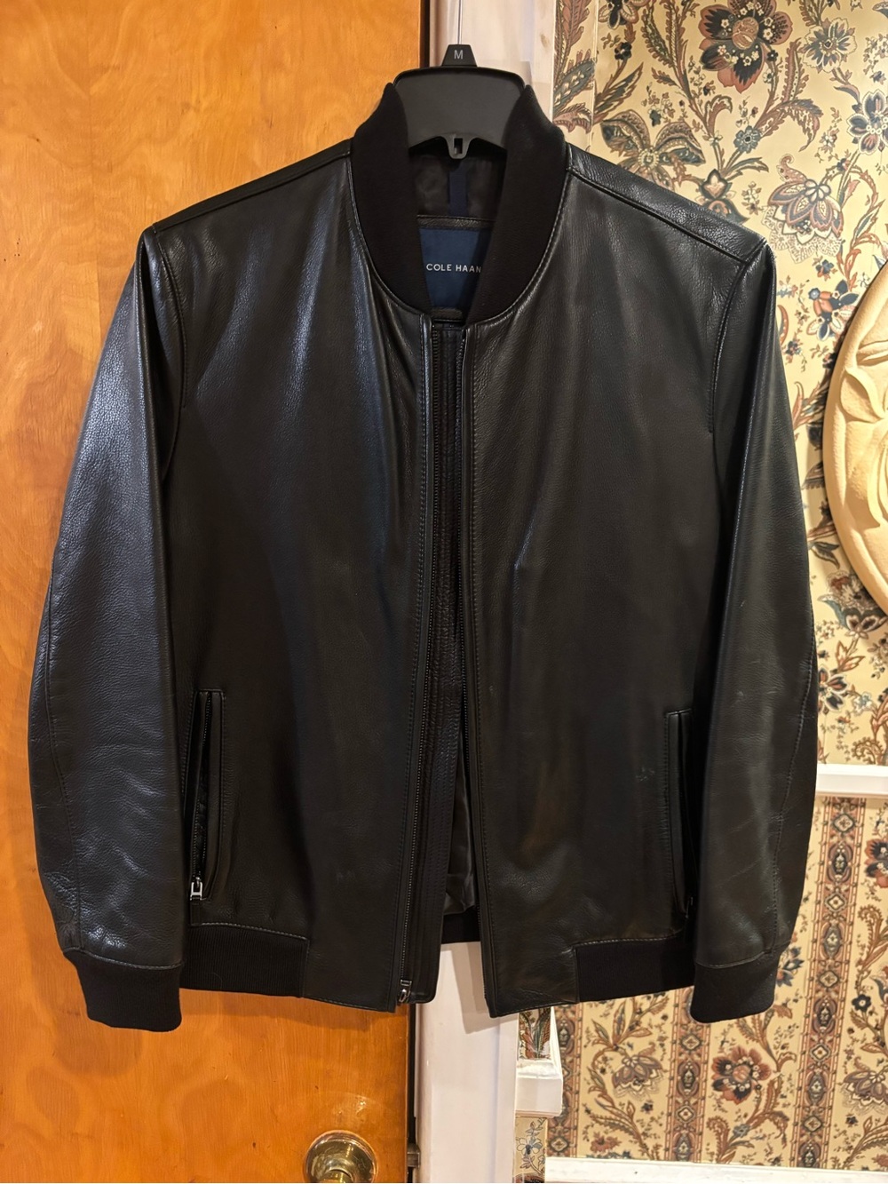 Cole Haan Men’s Black Leather Bomber Jacket with Rib Knit Trim